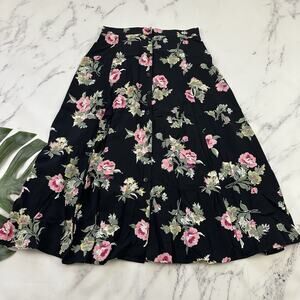 Michael Taylor Womens Vintage 90s Midi Skirt Size L Black Pink Floral Buttons